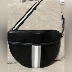 HAUTE SHORE Black Crossbody Belt Bag with White and Silver Stripe